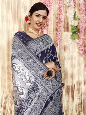 Blue Printed Cotton Silk Saree Without Blouse 4