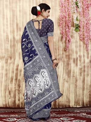 Blue Printed Cotton Silk Saree Without Blouse 5