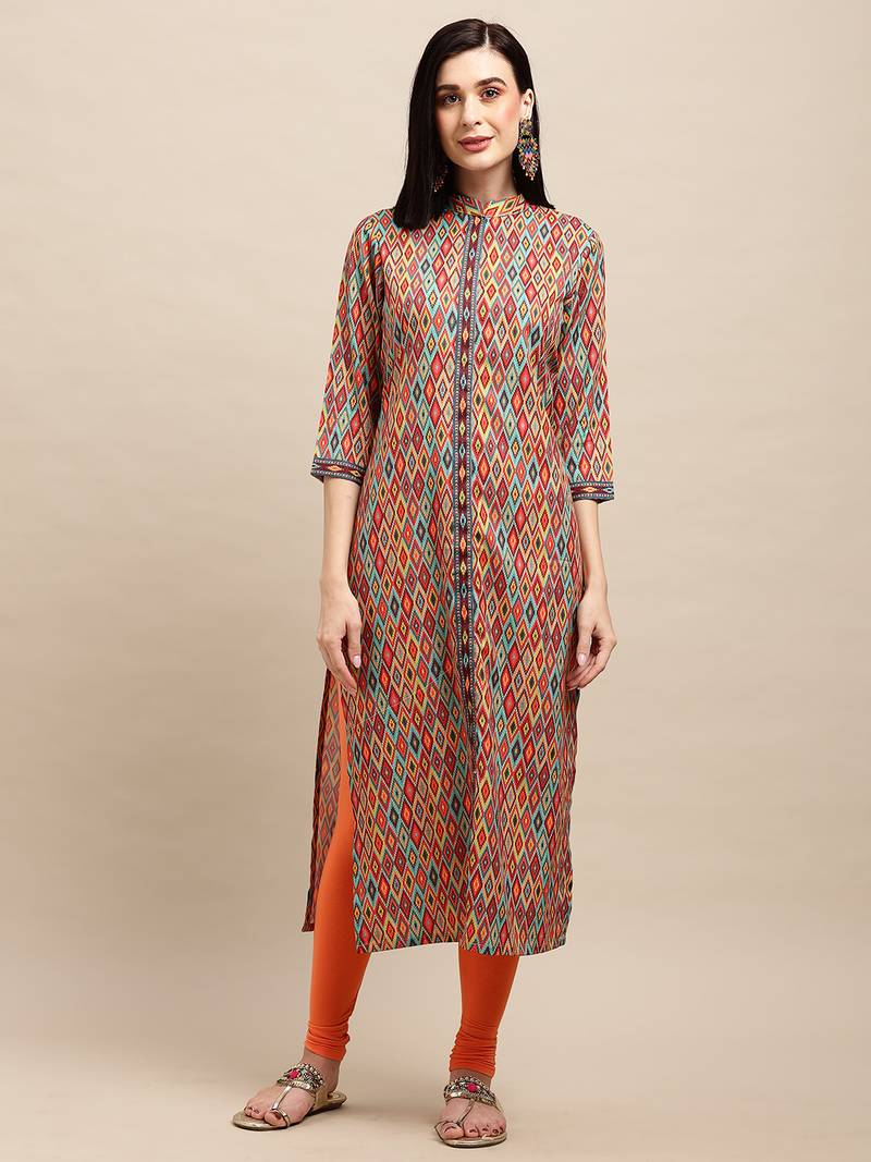 Orange Crepe Geomertic Printed Straight Kurta