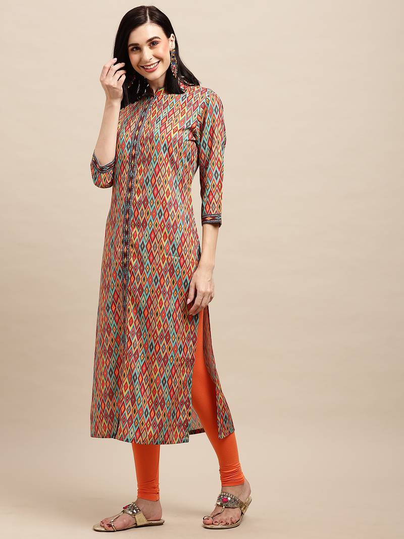 Orange Crepe Geomertic Printed Straight Kurta