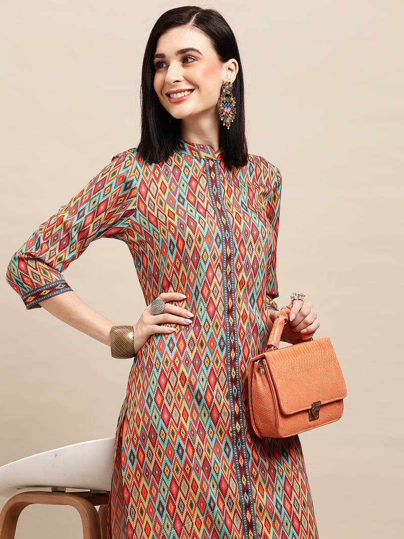 Orange Crepe Geomertic Printed Straight Kurta