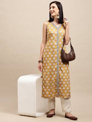 Mustard Crepe Floral Printed Straight Kurta 1