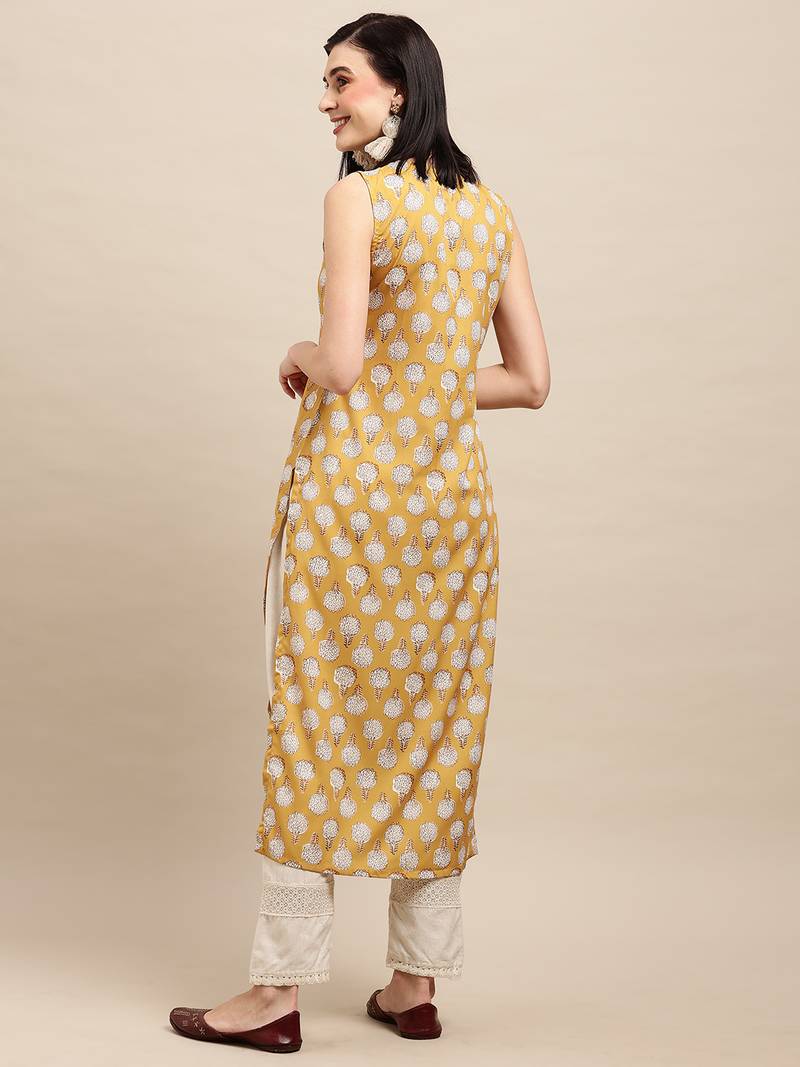 Mustard Crepe Floral Printed Straight Kurta