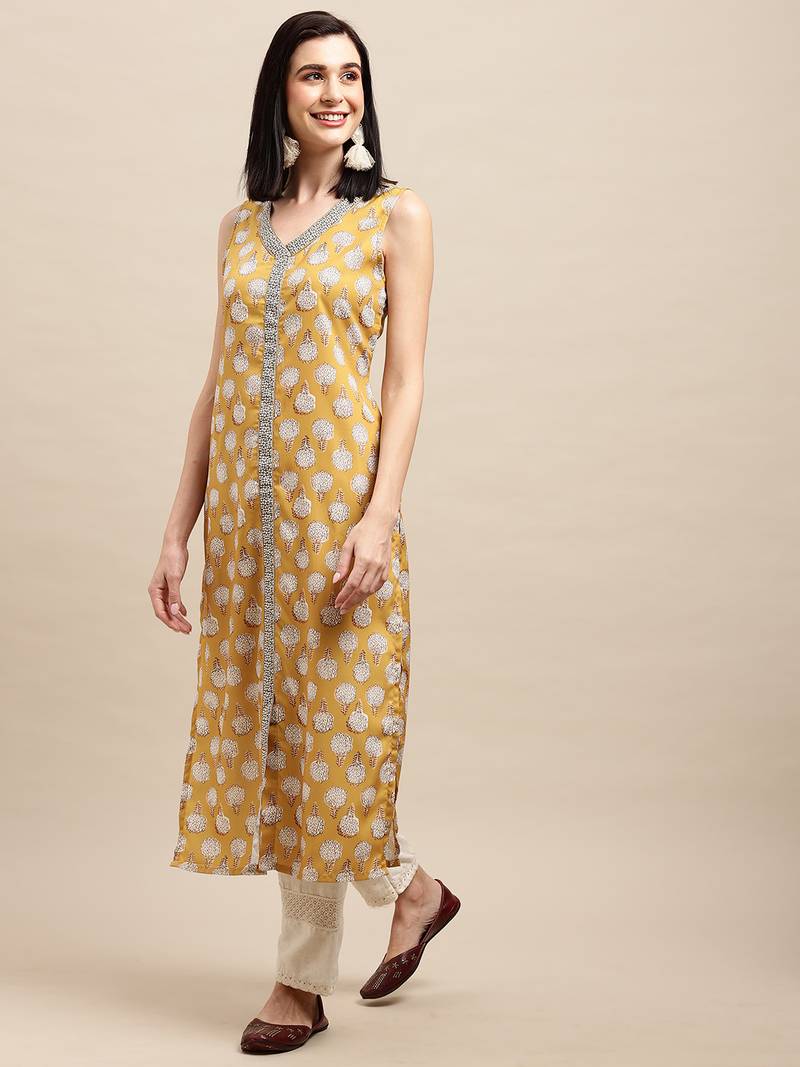 Mustard Crepe Floral Printed Straight Kurta