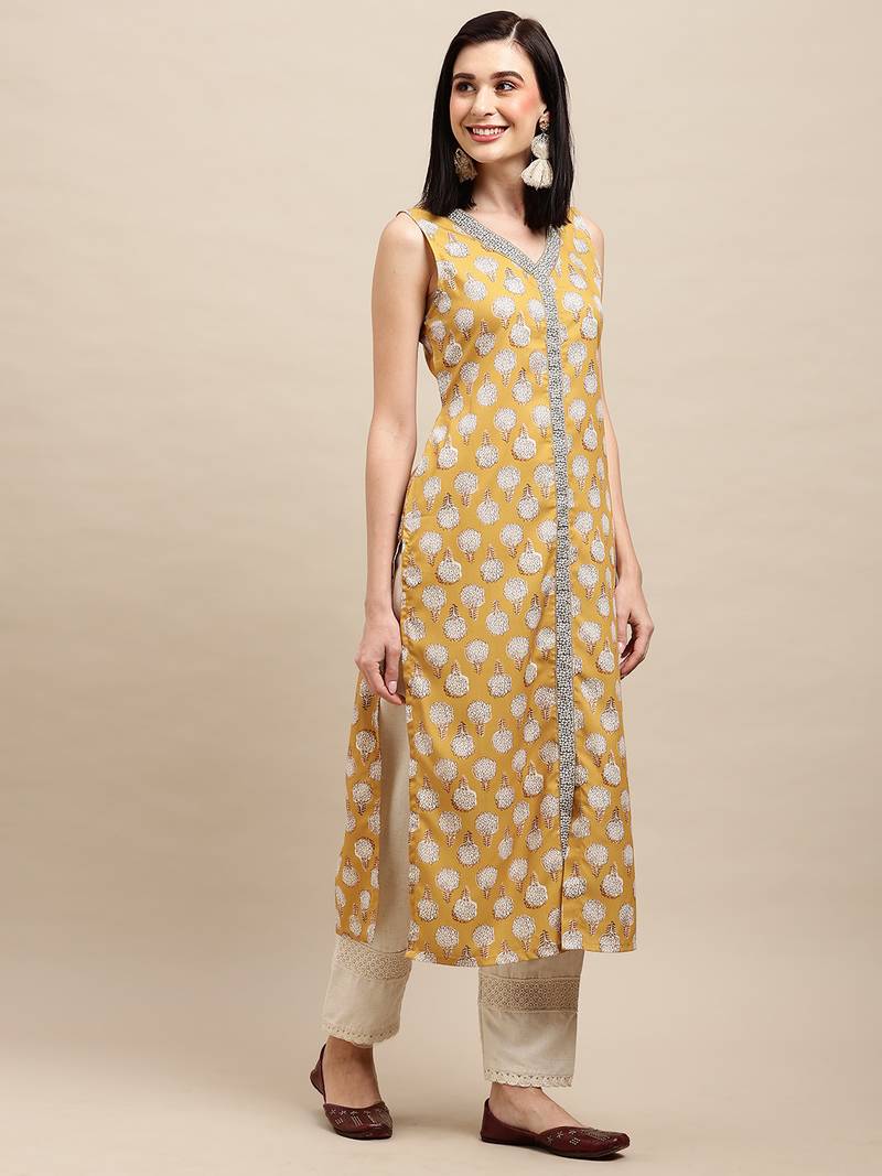 Mustard Crepe Floral Printed Straight Kurta