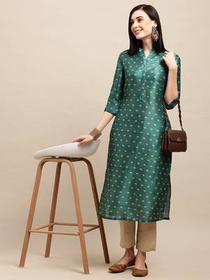 Dark Green Poly Chanderi Floral Printed Straight Kurta 1