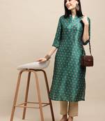 Dark Green Poly Chanderi Floral Printed Straight Kurta