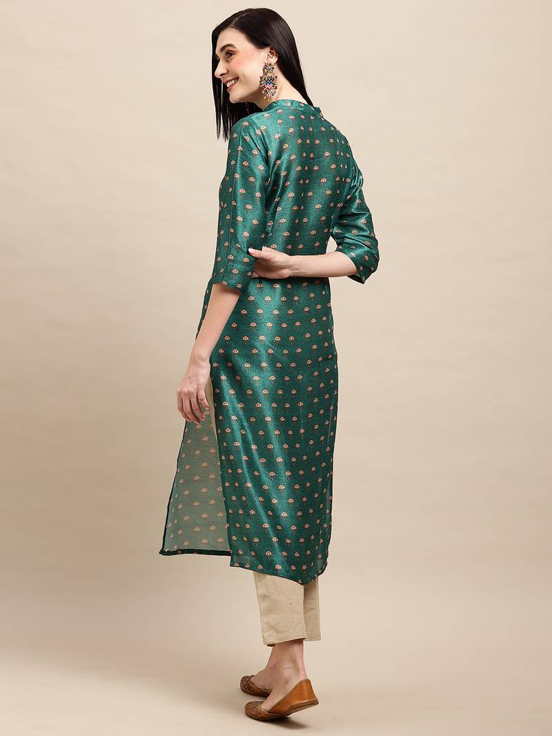 Dark Green Poly Chanderi Floral Printed Straight Kurta