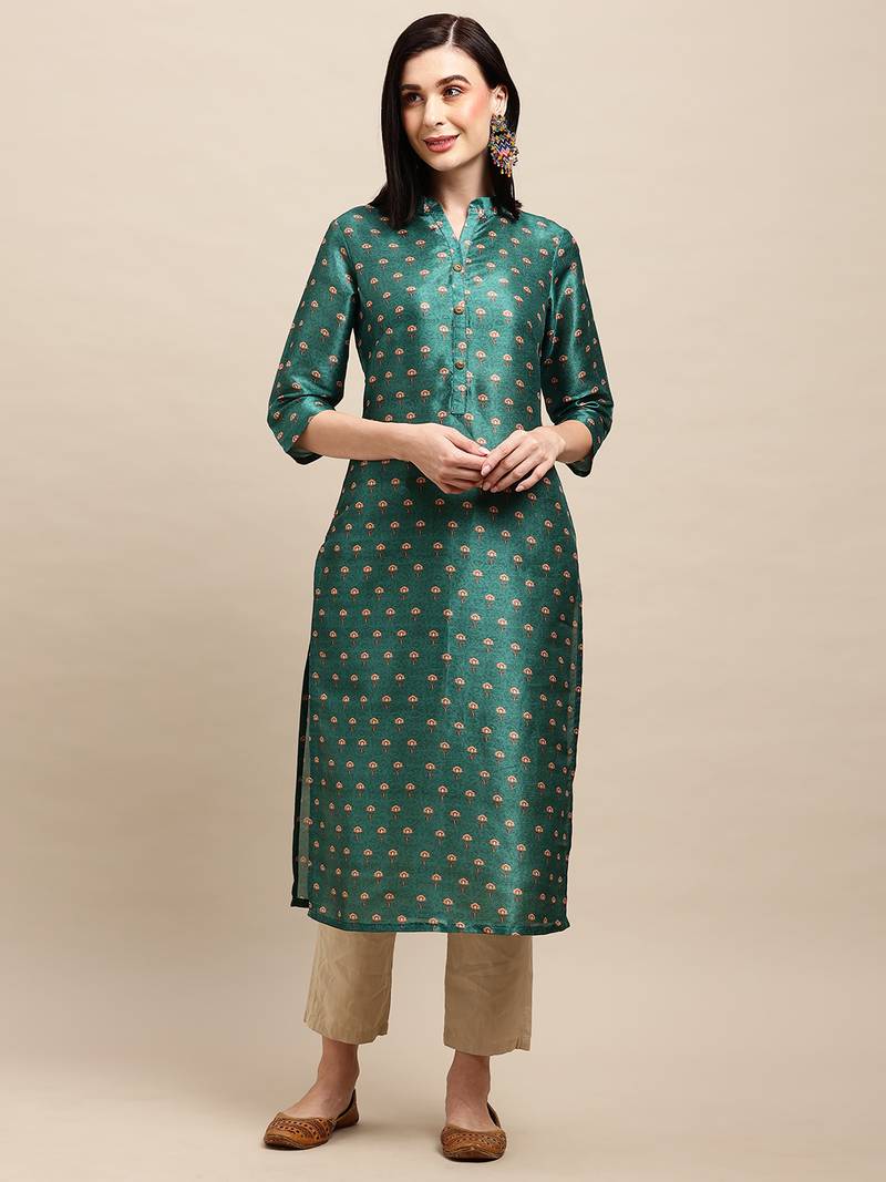 Dark Green Poly Chanderi Floral Printed Straight Kurta