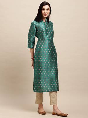Dark Green Poly Chanderi Floral Printed Straight Kurta 4