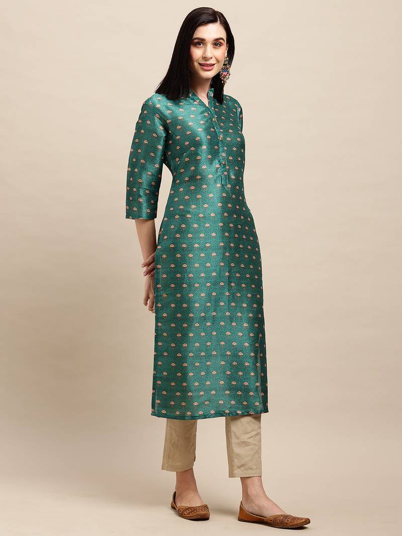 Dark Green Poly Chanderi Floral Printed Straight Kurta