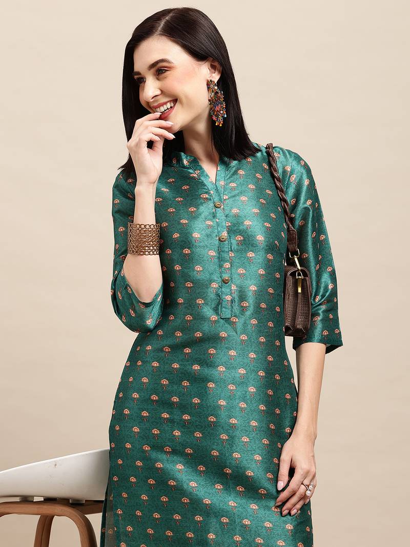 Dark Green Poly Chanderi Floral Printed Straight Kurta