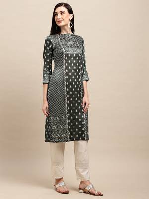 Dark Green Poly Chanderi Floral Printed Straight Kurta 1