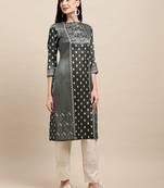 Dark Green Poly Chanderi Floral Printed Straight Kurta