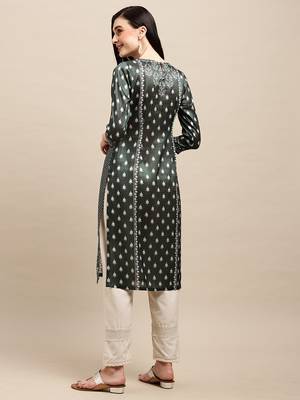 Dark Green Poly Chanderi Floral Printed Straight Kurta 2