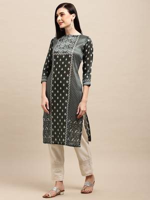 Dark Green Poly Chanderi Floral Printed Straight Kurta 3