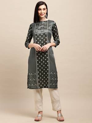 Dark Green Poly Chanderi Floral Printed Straight Kurta 4