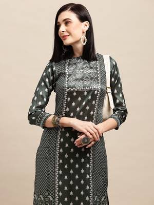 Dark Green Poly Chanderi Floral Printed Straight Kurta 5