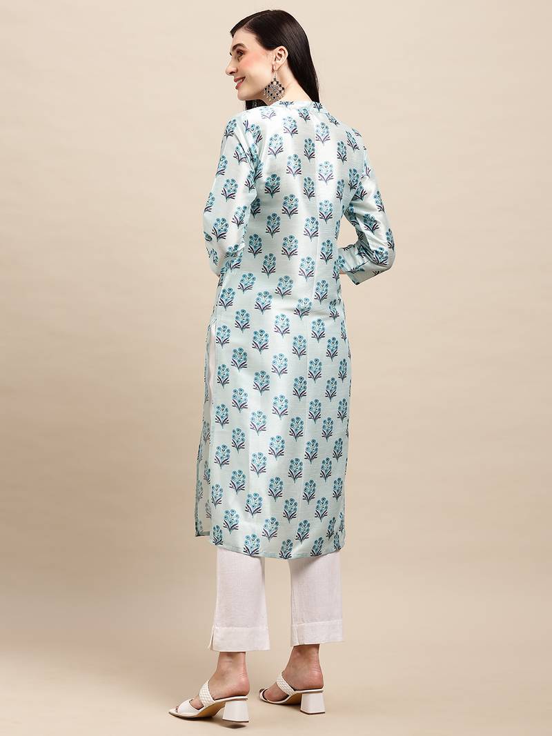 Sea Green Tussar silk Digital Printed  Straight Kurta