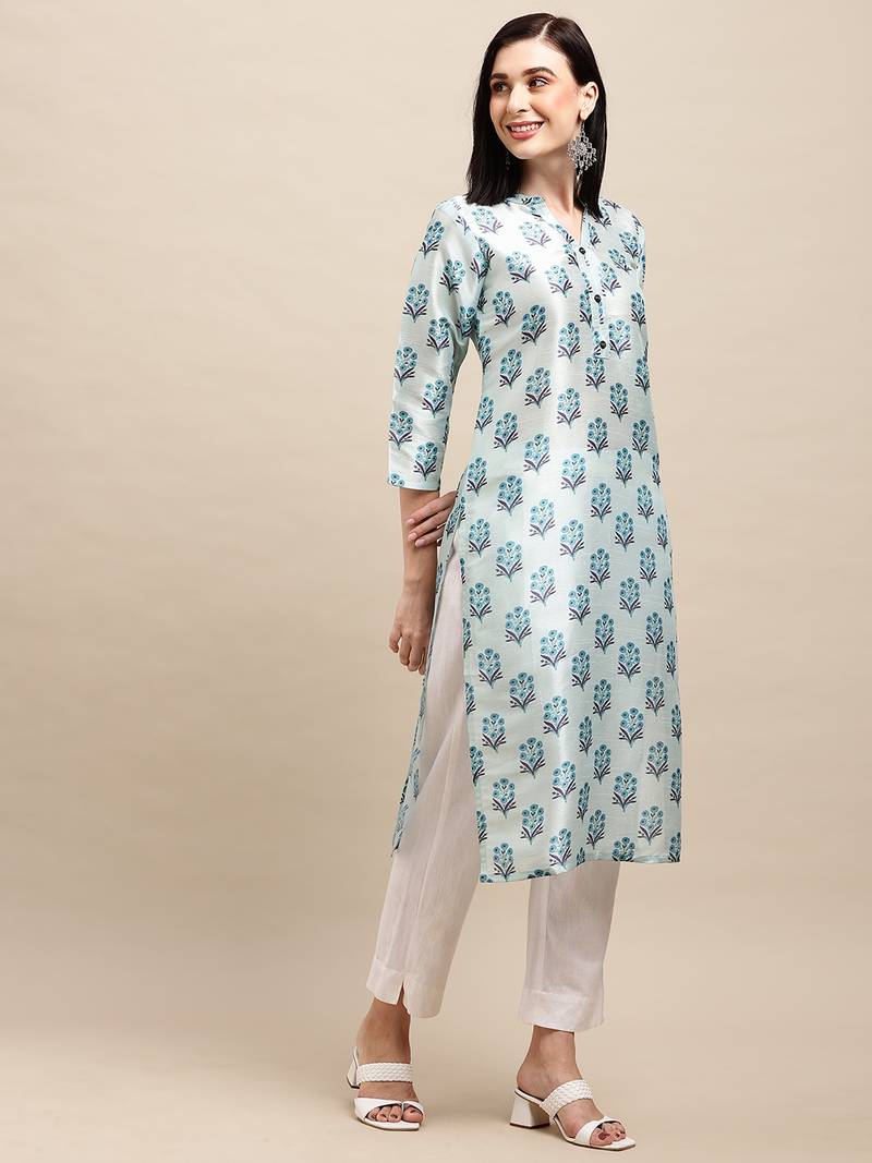 Sea Green Tussar silk Digital Printed  Straight Kurta