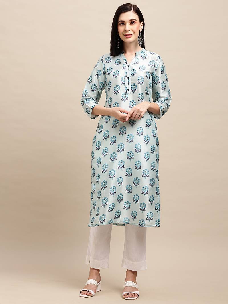 Sea Green Tussar silk Digital Printed  Straight Kurta