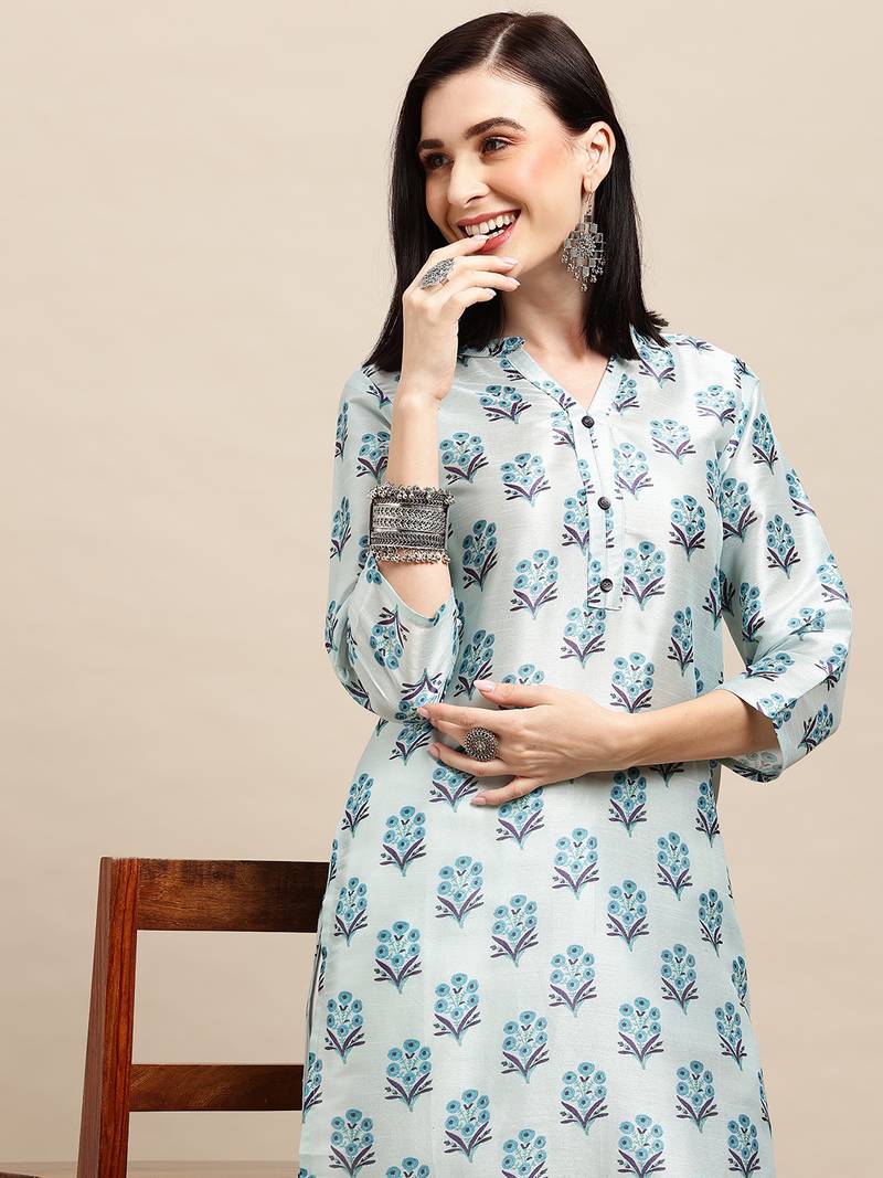 Sea Green Tussar silk Digital Printed  Straight Kurta
