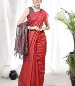 Red Bandhani Printed Linen Traditional-Sarees With Linen Blouse