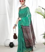 Sea Green Bandhani Printed Linen Traditional-Sarees With Linen Blouse
