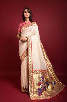 White  Paithani Meena Jari Weaving Designer Faux Banarasi Silk Traditional-Sarees With Faux Banarasi Silk Blouse