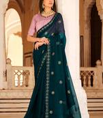 Teal Blue Heavy Theard,Sequance Embroidery Work Chinon Traditional-Sarees With Chinon Blouse