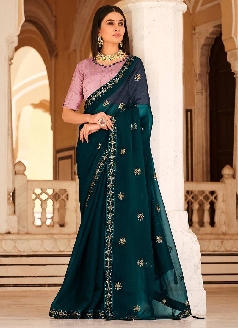 Teal Blue Heavy Theard,Sequance Embroidery Work Chinon Traditional-Sarees With Chinon Blouse