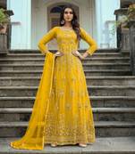 Yellow Heavy Designer Embroidery Work Butterfly Net unstitched Long Length Kameez Pant party wear salwarsuit