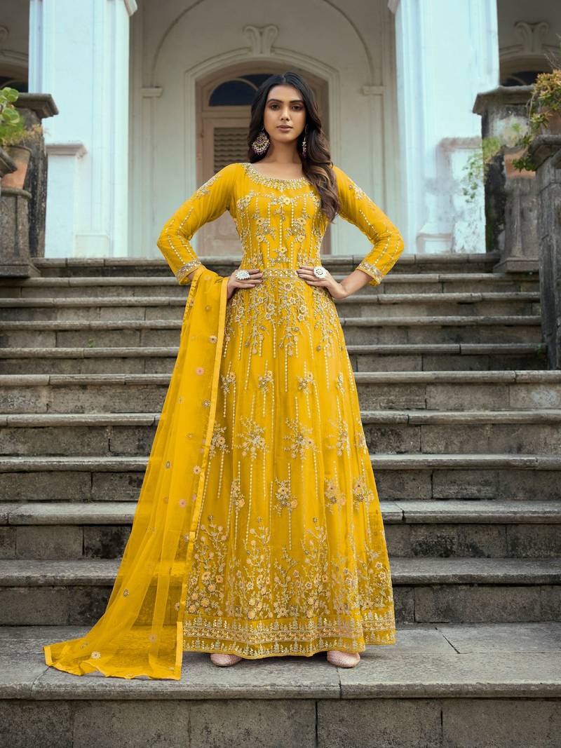 Yellow Heavy Designer Embroidery Work Butterfly Net unstitched Long Length Kameez Pant party wear salwarsuit