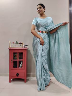 Light teal plain pre-stitched readymade satin saree WITH UN-STITCHED BLOUSE 1