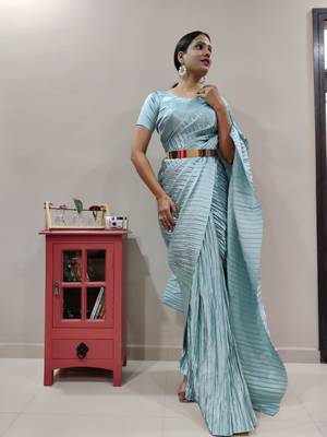 Light teal plain pre-stitched readymade satin saree WITH UN-STITCHED BLOUSE 2