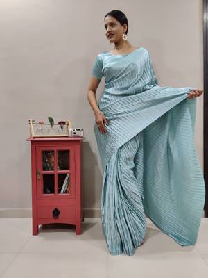 Light teal plain pre-stitched readymade satin saree WITH UN-STITCHED BLOUSE 3