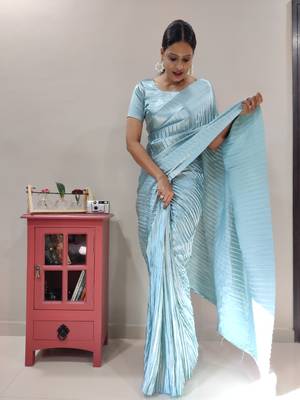Light teal plain pre-stitched readymade satin saree WITH UN-STITCHED BLOUSE 4