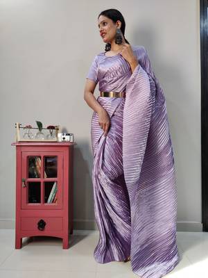 Light lavender plain pre-stitched readymade satin saree WITH UN-STITCHED BLOUSE 1
