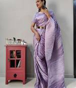 Light lavender plain pre-stitched readymade satin saree WITH UN-STITCHED BLOUSE