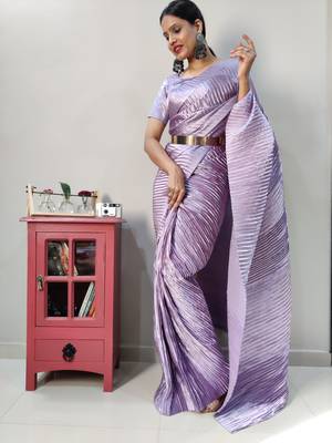 Light lavender plain pre-stitched readymade satin saree WITH UN-STITCHED BLOUSE 3