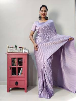 Light lavender plain pre-stitched readymade satin saree WITH UN-STITCHED BLOUSE 4