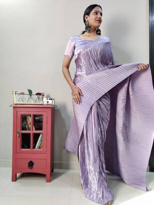 Light lavender plain pre-stitched readymade satin saree WITH UN-STITCHED BLOUSE 5