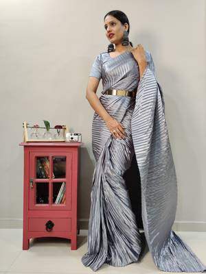 Light grey Pleated Pre-Stitched satin saree WITH UN-STITCHED BLOUSE 1