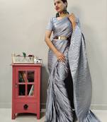 Light grey Pleated Pre-Stitched satin saree WITH UN-STITCHED BLOUSE
