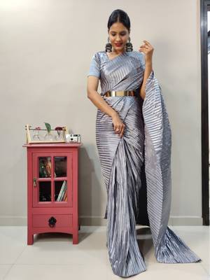 Light grey Pleated Pre-Stitched satin saree WITH UN-STITCHED BLOUSE 2