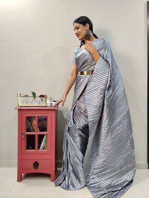 Light grey Pleated Pre-Stitched satin saree WITH UN-STITCHED BLOUSE 3