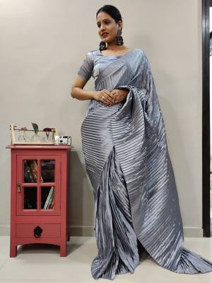 Light grey Pleated Pre-Stitched satin saree WITH UN-STITCHED BLOUSE 4