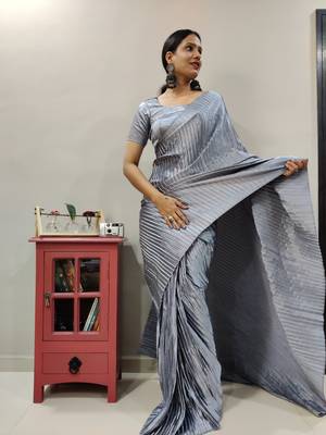 Light grey Pleated Pre-Stitched satin saree WITH UN-STITCHED BLOUSE 5