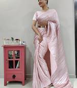 Light coral Peated pre-stitched satin saree WITH UN-STITCHED BLOUSE