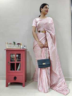 Light coral Peated pre-stitched satin saree WITH UN-STITCHED BLOUSE 2
